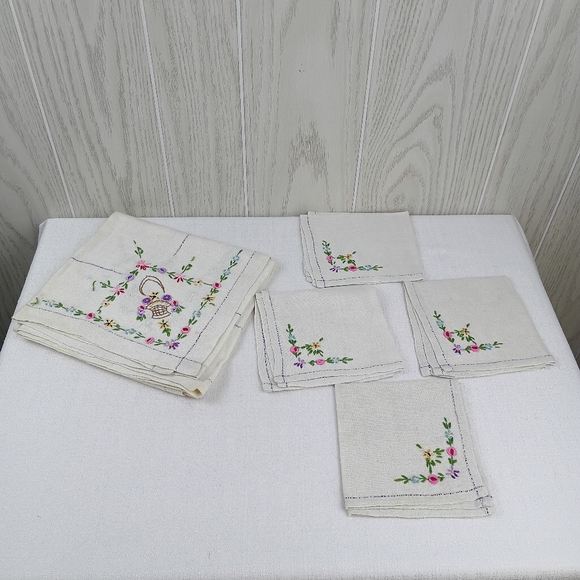 VTG Linen Hand Embroidered Tablecloth/Napkins Set Floral basket tea setting. - Picture 1 of 15